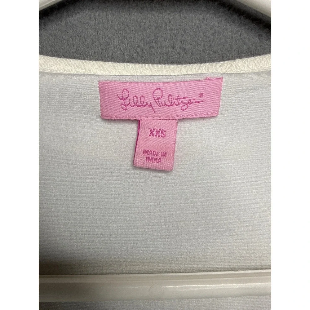 Lilly Pulitzer Dress Womens XXS White Gold Metallic Crochet Neck Pom Pom Shift - Picture 3 of 10